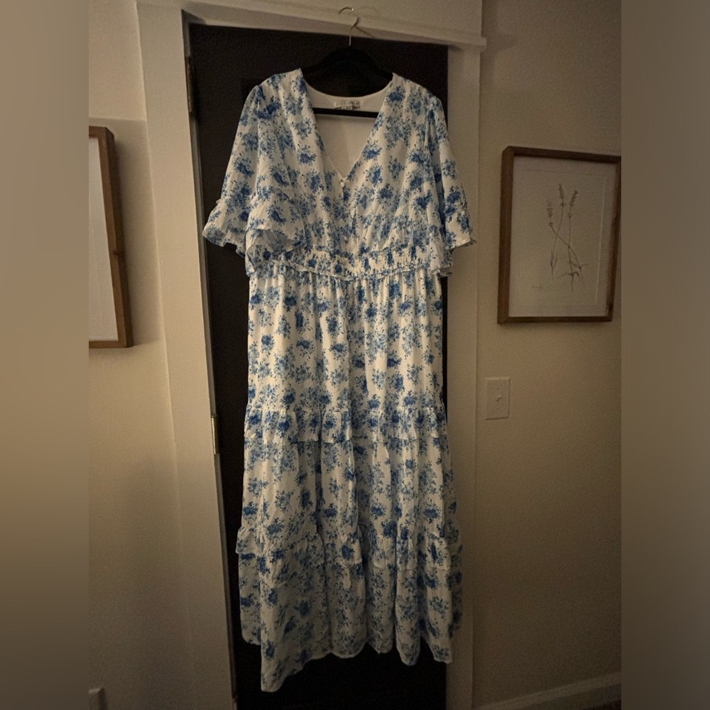 3X Baltic Born Blue & White Floral Midi Dress